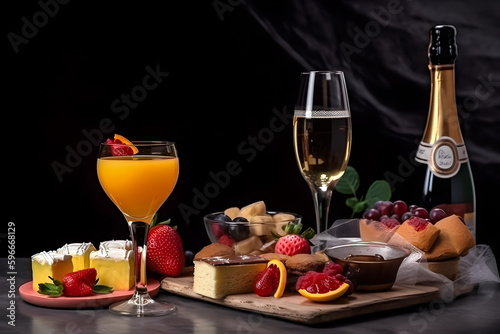 Wine, fruits and cheese on the table. Illustration, generative ai.