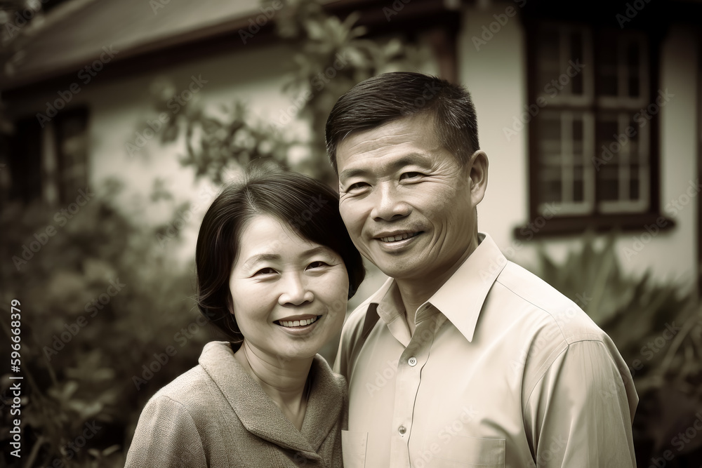 Fototapeta premium A happy Asian couple is posing together.