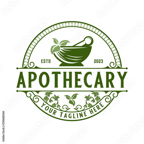 Vintage pharmacy logo. Illustration of mortar and pestle and herbal plant in emblem form, with leaf ornament and decoration for pharmacy, drug store and herbal medicine.
