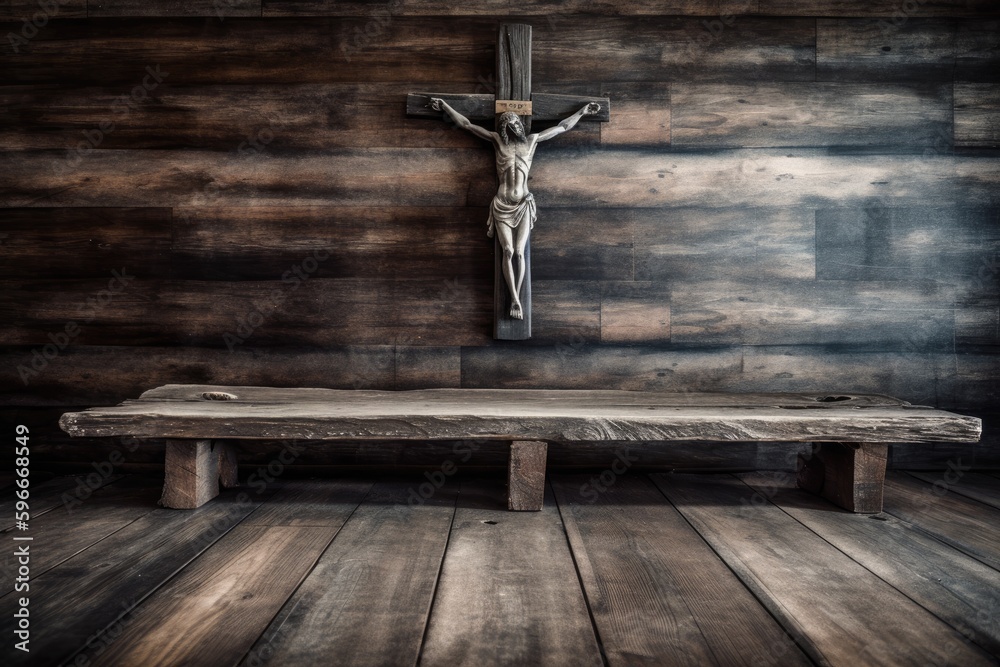 wooden crucifix hanging on a wall with a bench in front. Generative AI