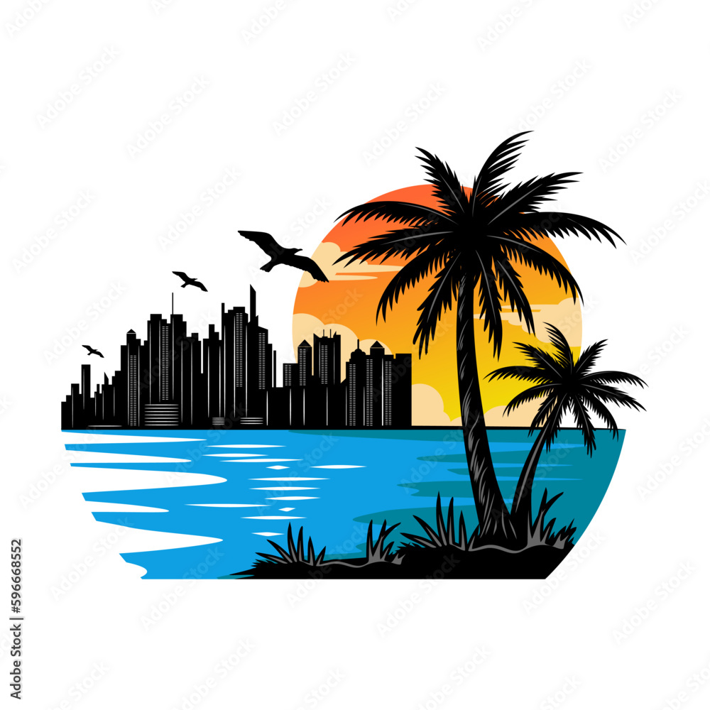 Fototapeta premium sunset logo design. city sunset and palm trees by the beach