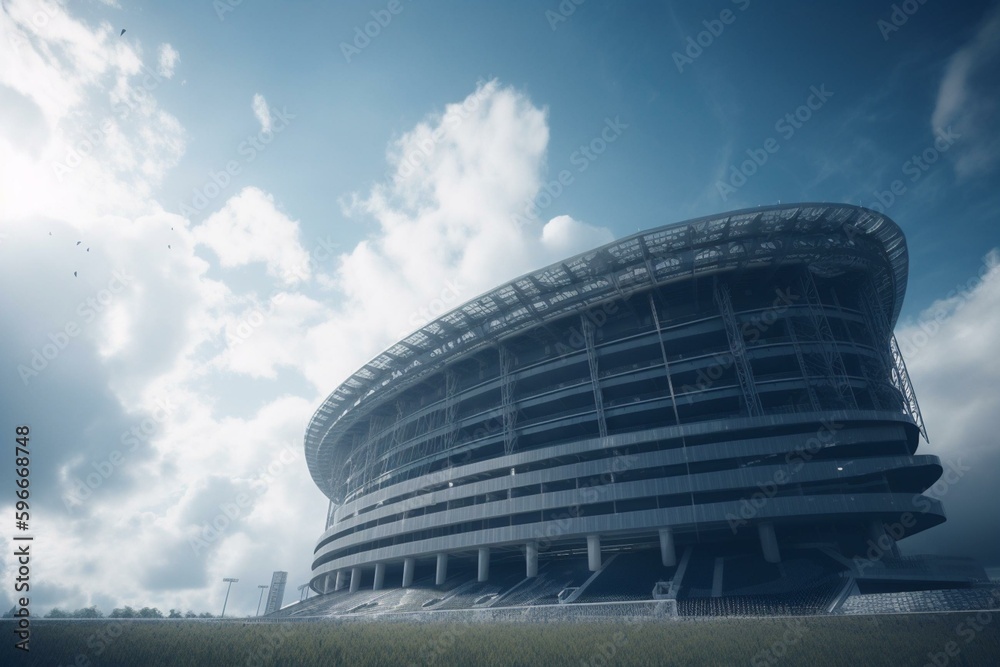 3D rendering of stadium and clouds against blue background. Generative AI