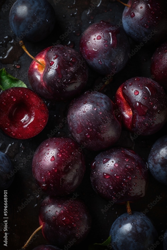 Fototapeta premium water drops on a fresh plums background