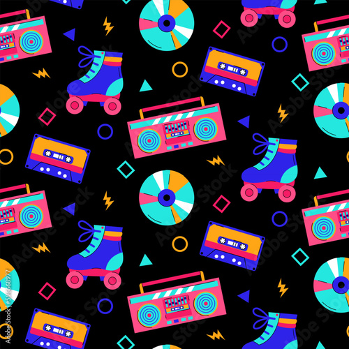 Colorful trendy seamless pattern with 80s-90s elements on black background.