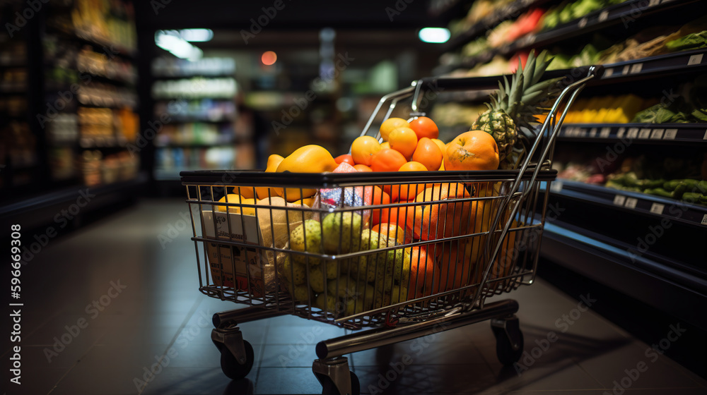 Shopping cart filled with food and drinks and supermarket shelves in the background, grocery shopping concept, generative ai