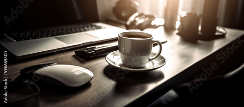 Business office table with laptop and coffee cup on it. Generative Ai.
