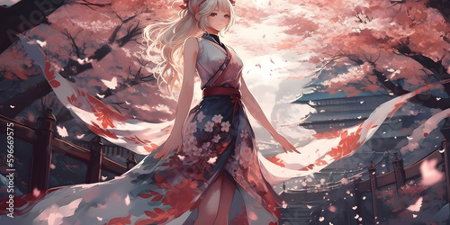 Beautiful anime girl with Focus on her beautiful eyes, full body with beautiful dress, walk among the cherry blossoms, girl in the park, woman in the forest, girl in a dress, Generative AI