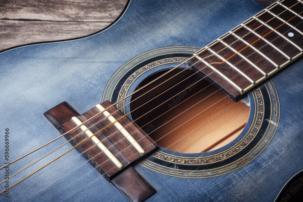 Obraz premium close up of a blue acoustic guitar. Generative AI