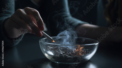 Woman holding smoldering cigarette over glass ashtray at grey table against black background, generative ai