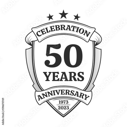 50 years anniversary icon or logo. 50th yubilee celebration, business company birthday badge or label. Vintage banner with shield and ribbon. Wedding, invitation design element. Vector illustration.