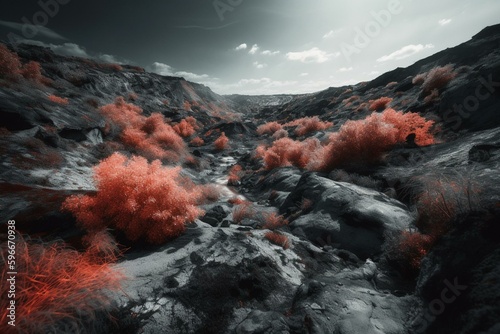 Abstract landscape in black, white, and red colors. Artistic style. Generative AI