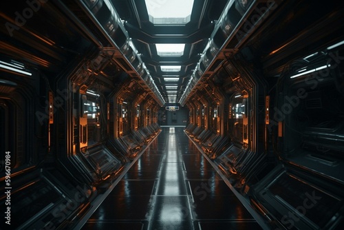 A futuristic corridor within a space station or spaceship interior, featuring a dark, shiny design. 3D rendering. Generative AI