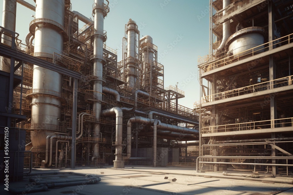 3D rendering of petrochemical factory with steel pipes supplying fuel and chemicals. Industry, refinery, exterior, pipeline, wall. Generative AI