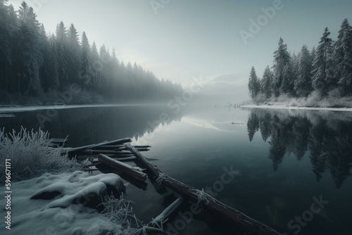 Winter lake scenery. Generative AI