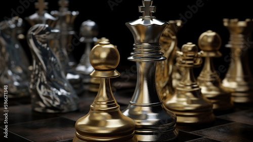 Chess pieces on a dark background, strategy games and challenge concept, generative ai