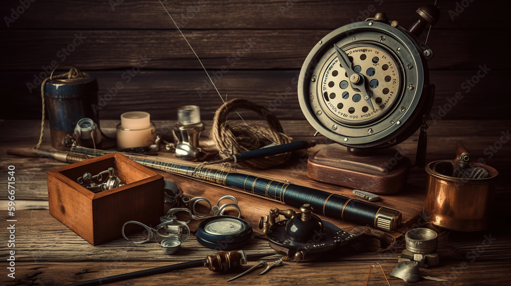 Fishing theme. Frame with reel, rod, fishing buoy, compass, feeder, knife and fish string on wooden background. Generative ai