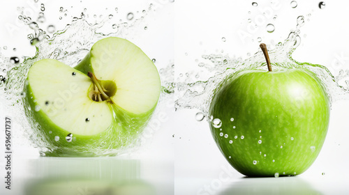 Fresh green apple and splash of water on isolated white background, generative ai