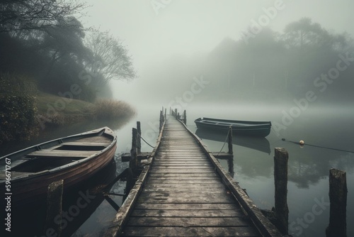 Lake dock with boat in misty weather. Generative AI