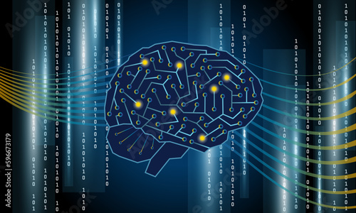 Intelligence artificielle - Illustration de la cyber-science avec un cerveau informatique d'analyse d’information sur un fond de flux de données massives de code binaire. 