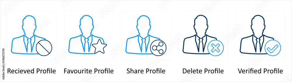 A set of 5 Extra icons as received profile, favorite profile, share profile A set of 5 Extra icons as received profile, favorite profile, share profile