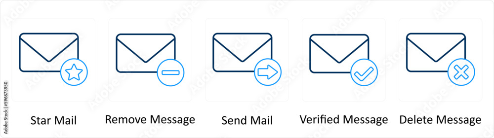A set of 5 Extra icons as star mail, remove message, send mail A set of 5 Extra icons as star mail, remove message, send mail