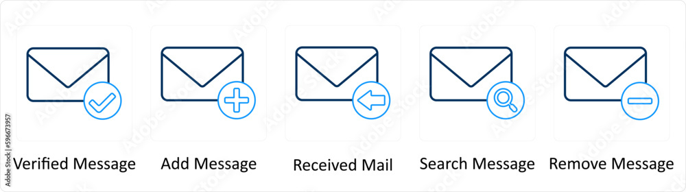 A set of 5 Extra icons as verified message, add message, received mail A set of 5 Extra icons as verified message, add message, received mail