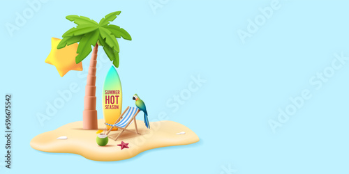 Tropical island 3d composition with palm tree, beach chair and parron with starfish