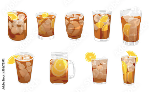 Glassware of delicious ice tea on white background