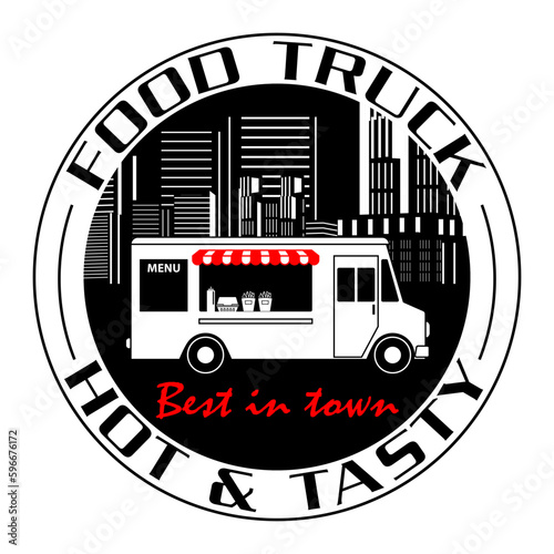 Logo ou tampon pour un « food truck » - de la cuisine préparée à bord d’un camion stationné en ville.