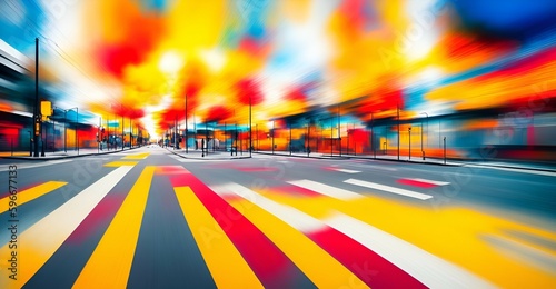 Photo of a busy street with blurred motion and a colorful crosswalk