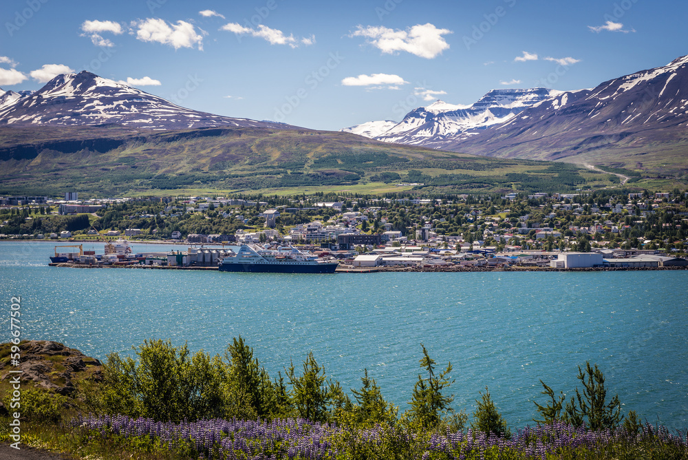 Aerial view of Akureyri city on the shore of Pollurinn bay, Iceland