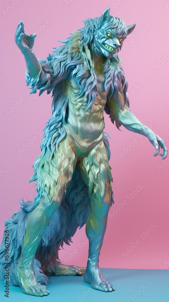 Pastel colored Werewolf on a pink background. Glossy shiny fashion mythical creature wallpaper. Dreamy creative vibe aesthetics. Generative AI. Pastel colored Werewolf on a pink background. Glossy shiny fashion mythical creature wallpaper. Dreamy creative vibe aesthetics. Generative AI.