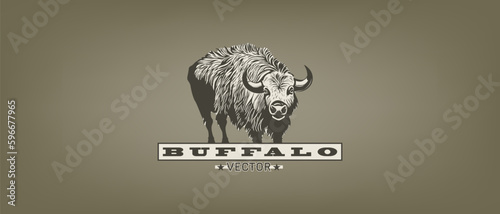 Vector graphic hairy wild horned powerful buffalo. Logo, sticker or emblem. Artiodactyl herbivore animal.