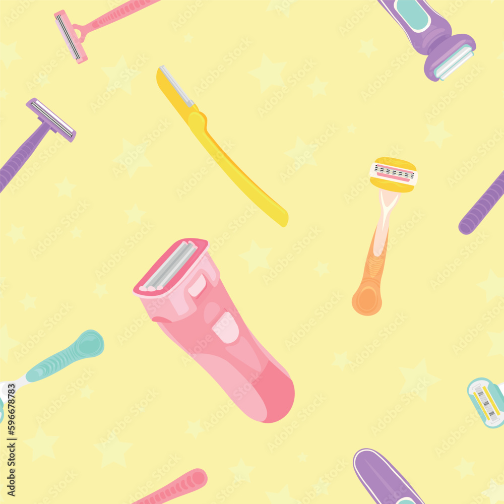 Many different razors on yellow background. Pattern for design Many different razors on yellow background. Pattern for design