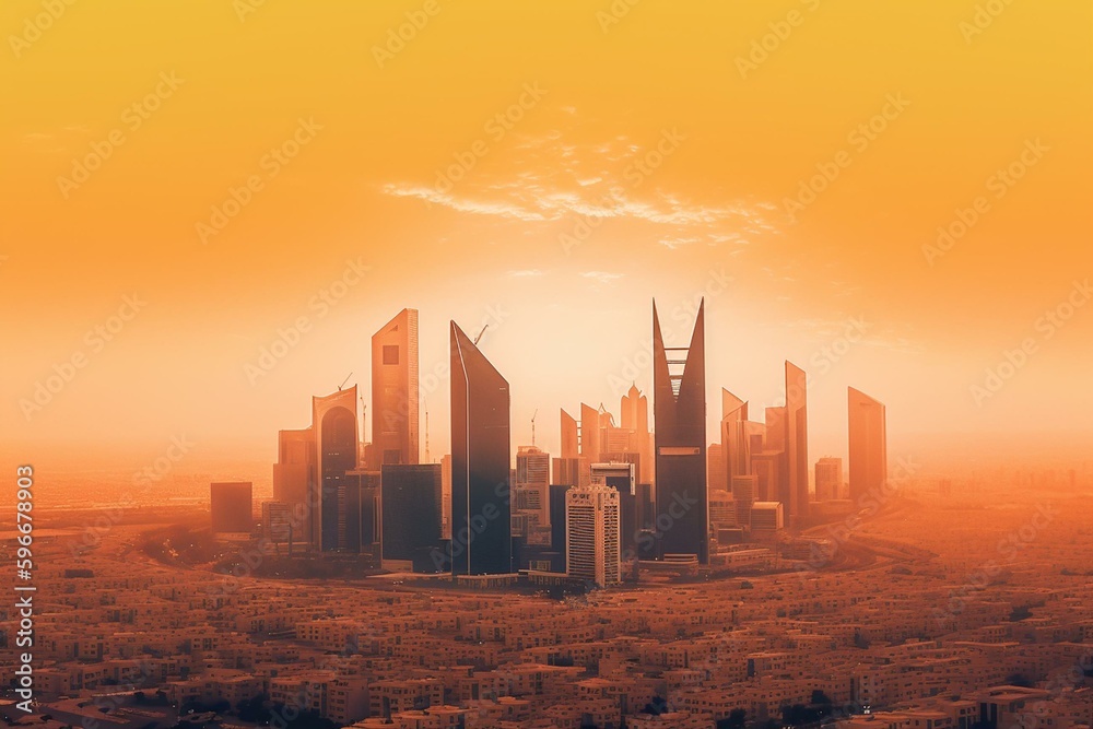 Riyadh skyline with transparent layers of gradients and landmarks. Generative AI
