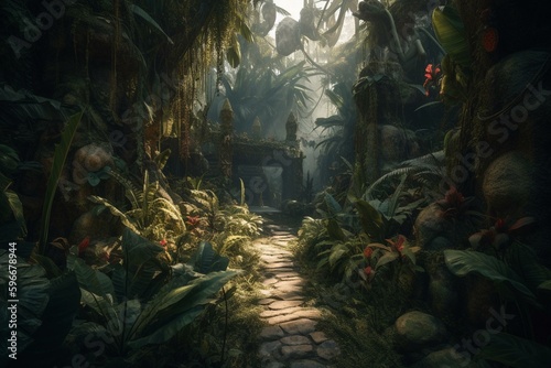Mythical jungle filled with lush greenery and exotic creatures. Generative AI