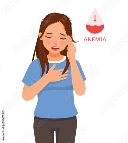 Young woman with anemia feel dizzy, fatigue, tired, chest pain because of low levels of hemoglobin in the blood or iron-deficiency  photo