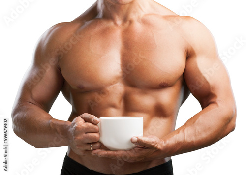 A young man muscular holds cup, diet healthy concept
