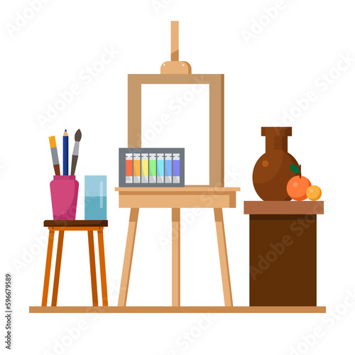 Easel for the artist. Oil paints. Still life. Flat style vector illustration.
