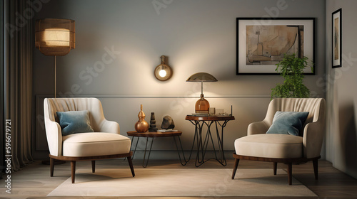 Stylish and design composition of Interior of light living room with lamps  armchair and commode  generative ai
