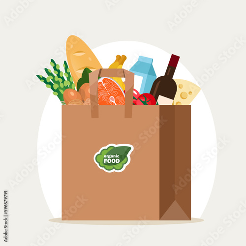 Paper bag filled with food. Organic products. Proper nutrition. Delivery. Flat style vector illustration.