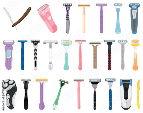 Set of many different razors on white background