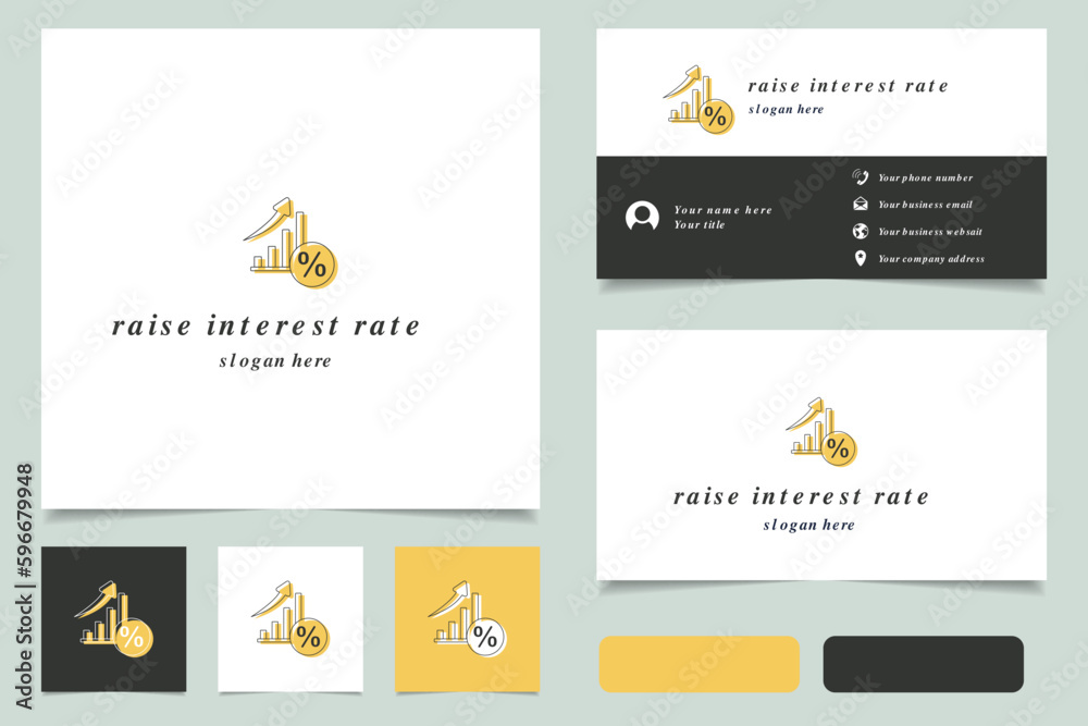 Raise interest rate logo design with editable slogan. Branding book and business card template.