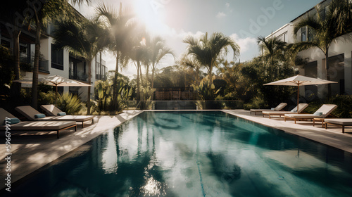 The scene is set in a beautiful outdoor pool surrounded by a lush landscape, with a summer vibe. The water in the pool is crystal clear and reflects the bright blue sky above.