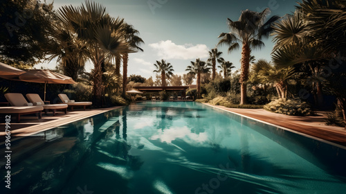 The scene is set in a beautiful outdoor pool surrounded by a lush landscape  with a summer vibe. The water in the pool is crystal clear and reflects the bright blue sky above.