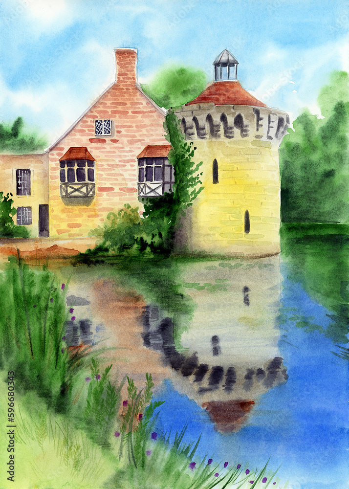 Watercolor illustration of an ancient castle with a round tower among green trees, reflected in the surface of the lake