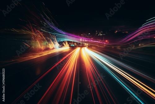 Fast acceleration over dark night road with colorful abstract motion and light stripes. Generative AI