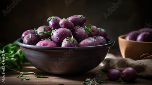 Bowl of raw purple potatoes, thyme and peeler, generative ai