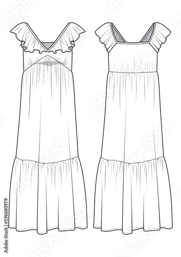womenswear ruffle detail tiered maxi dress fashion technical drawing / flat sketch /CAD / ADOBE Illustrator vector digital download	
