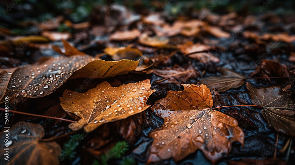 Close up of fallen leaves on ground in autumn covered in raindrops, generative ai Close up of fallen leaves on ground in autumn covered in raindrops, generative ai